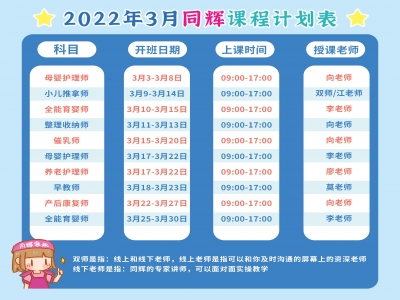 同輝家政2022年3月份培訓(xùn)課程計劃表